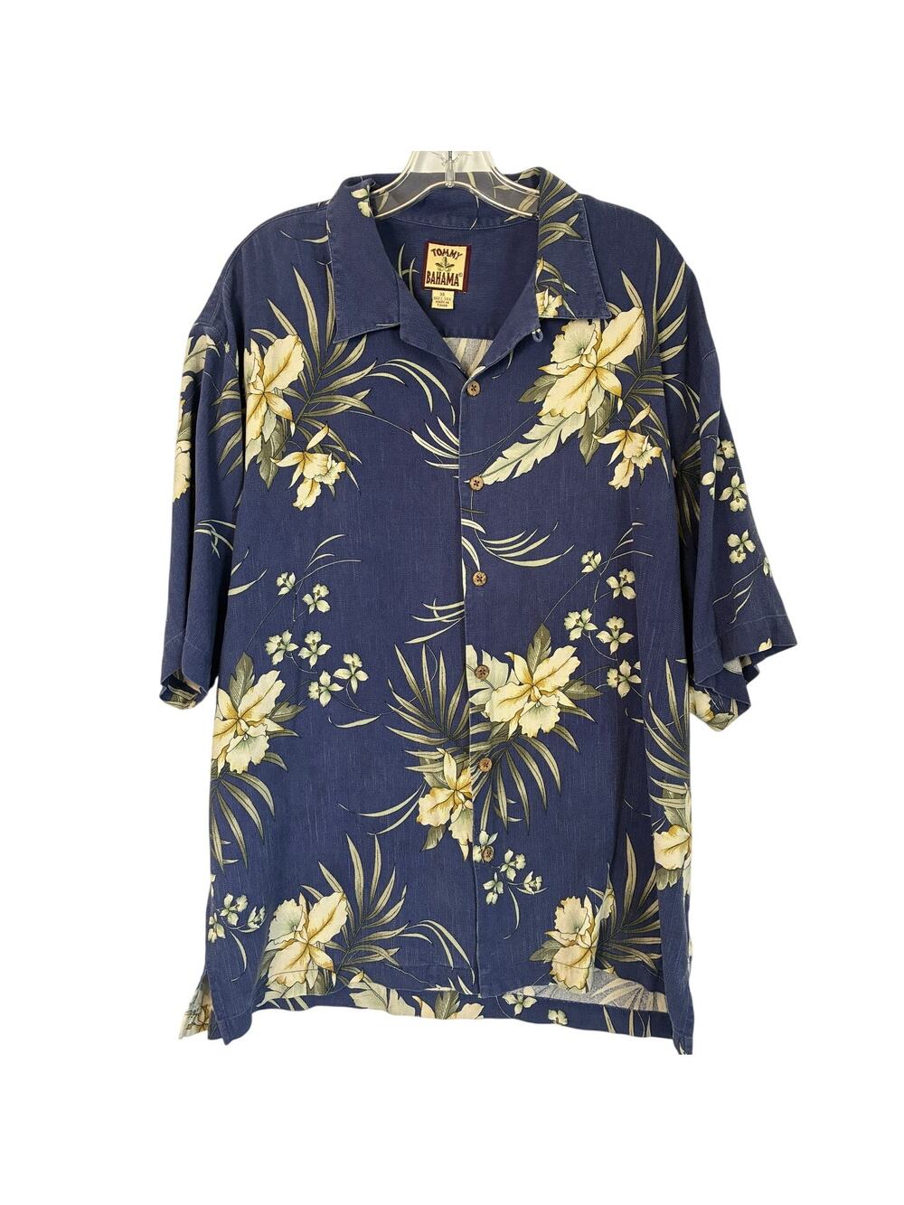 Vintage Tommy Bahama Silk Hawaiin Shirt XL Blue Floral Vacation Cruise Summer